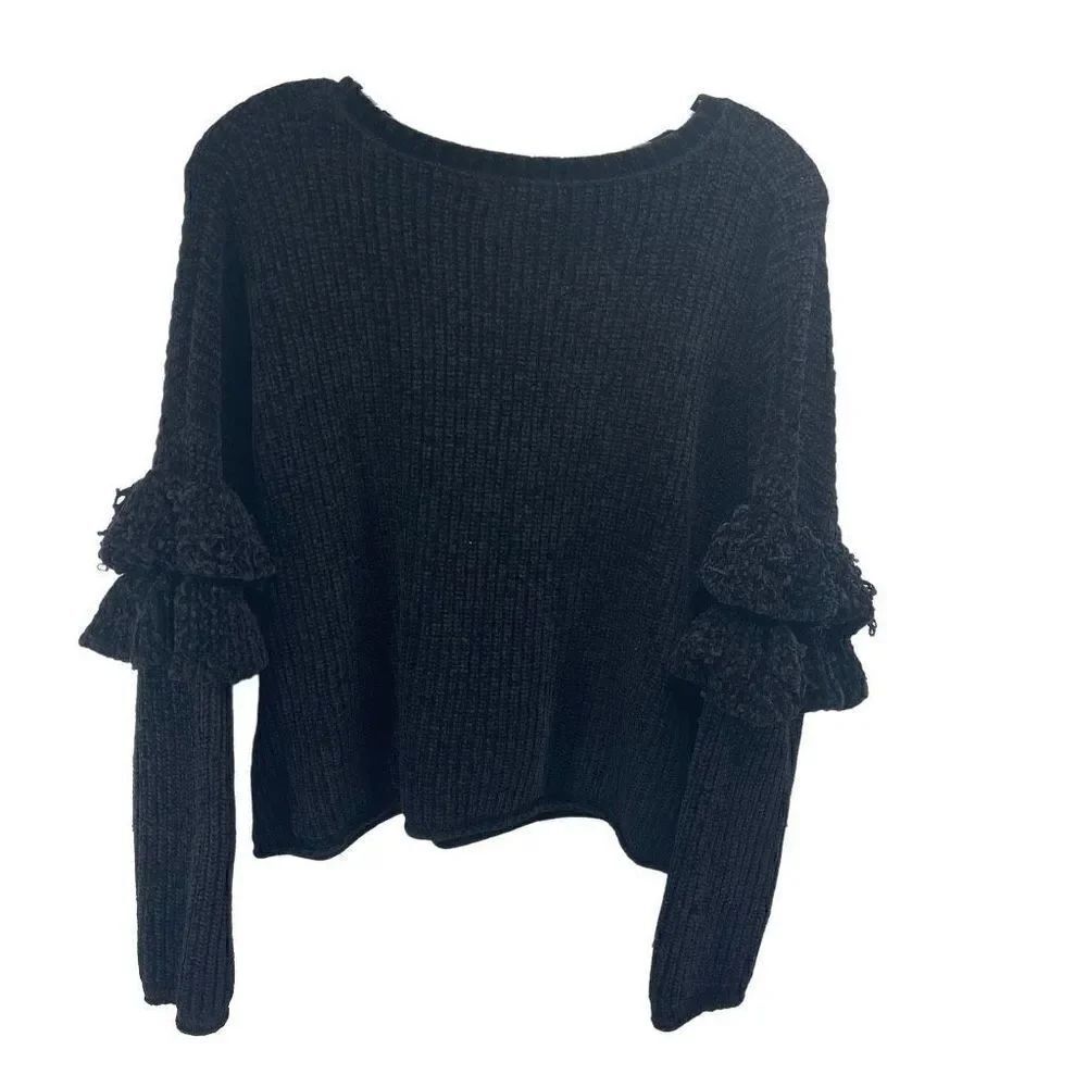 Mossimo Women's Ruffled Sleeve chenille Sweater Rib Knitted Black Size Small
